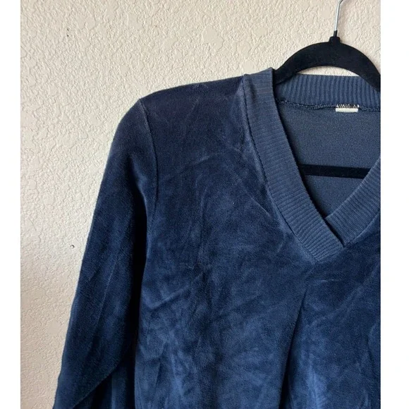 Vintage Velour V-Neck Pullover Sweater Blue Ribbed Trim Blouson XS Top Womens - Picture 3 of 7